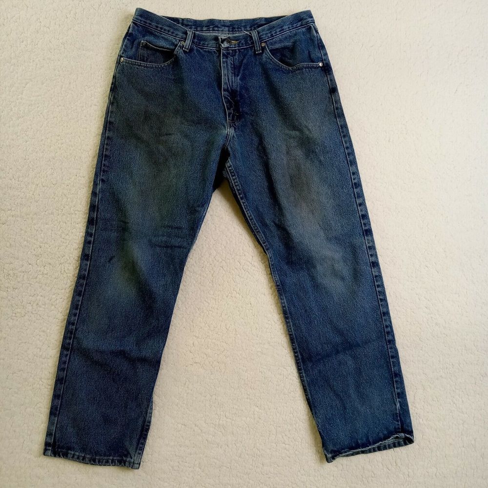 Wrangler Jeans Mens 36 x 32 Relaxed Fit Blue Denim Casual‎ Stained